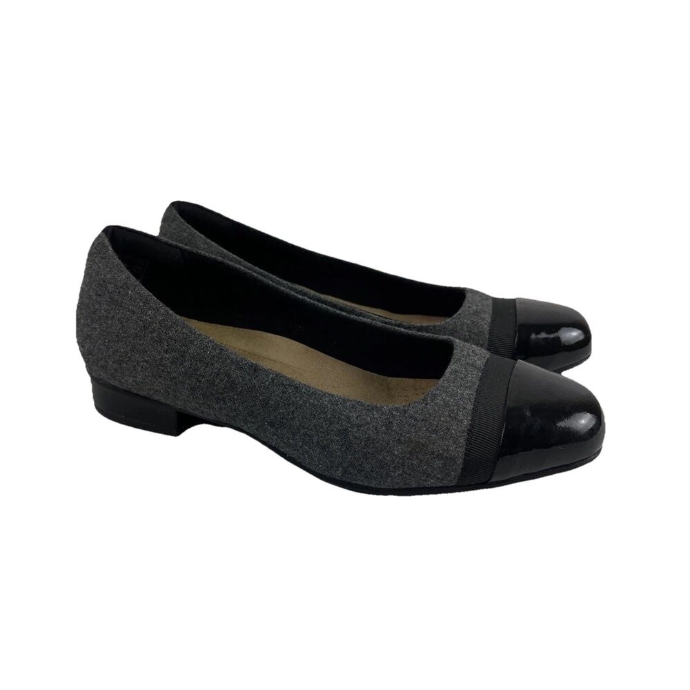 Clarks Artisan Keesha Rosa Pump Gray Fabric Black Patent Leather Toe Women 9.5EW